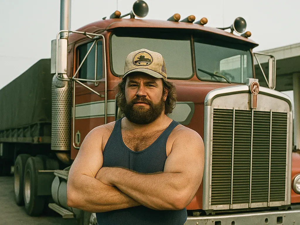 "Big Rig" Charlie Bravo stands shirtless with crossed arms in front of a vintage semi truck, wearing a trucker cap and displaying a full beard.