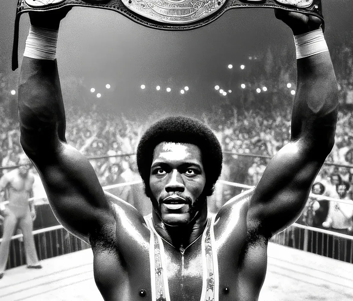 Harlem Hurricane holds championship belt overhead in wrestling ring before crowd, 1974.