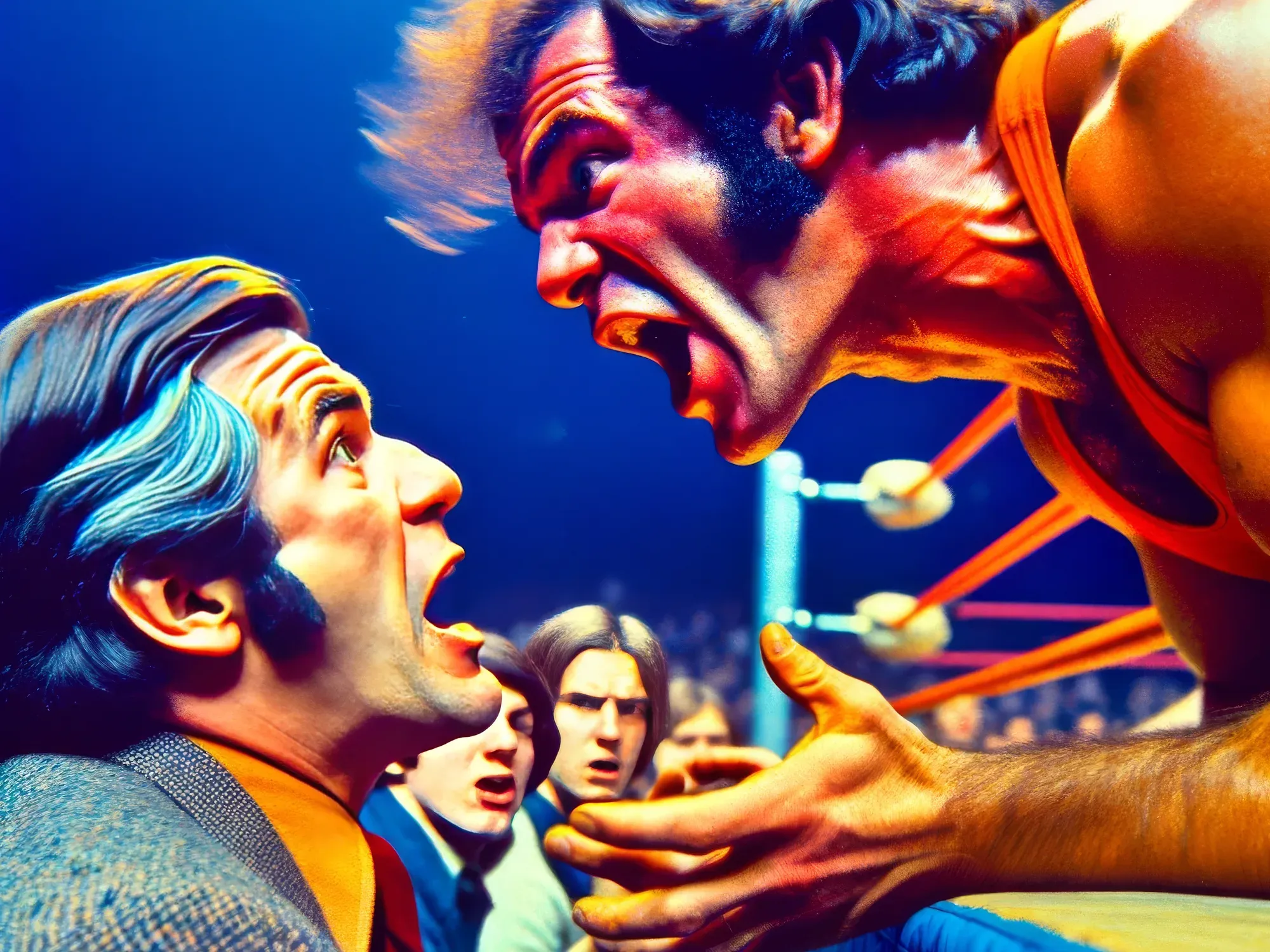 Hank Roberts in wrestling attire argues with a fan at ringside during a 1972 match, with spectators and ring ropes visible behind them.