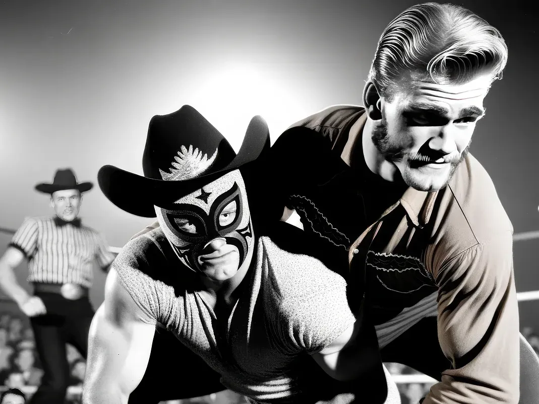 Sam Frontier grapples with masked wrestler El Desperado Enmascarado in a 1950s wrestling ring, with a referee visible in the background.