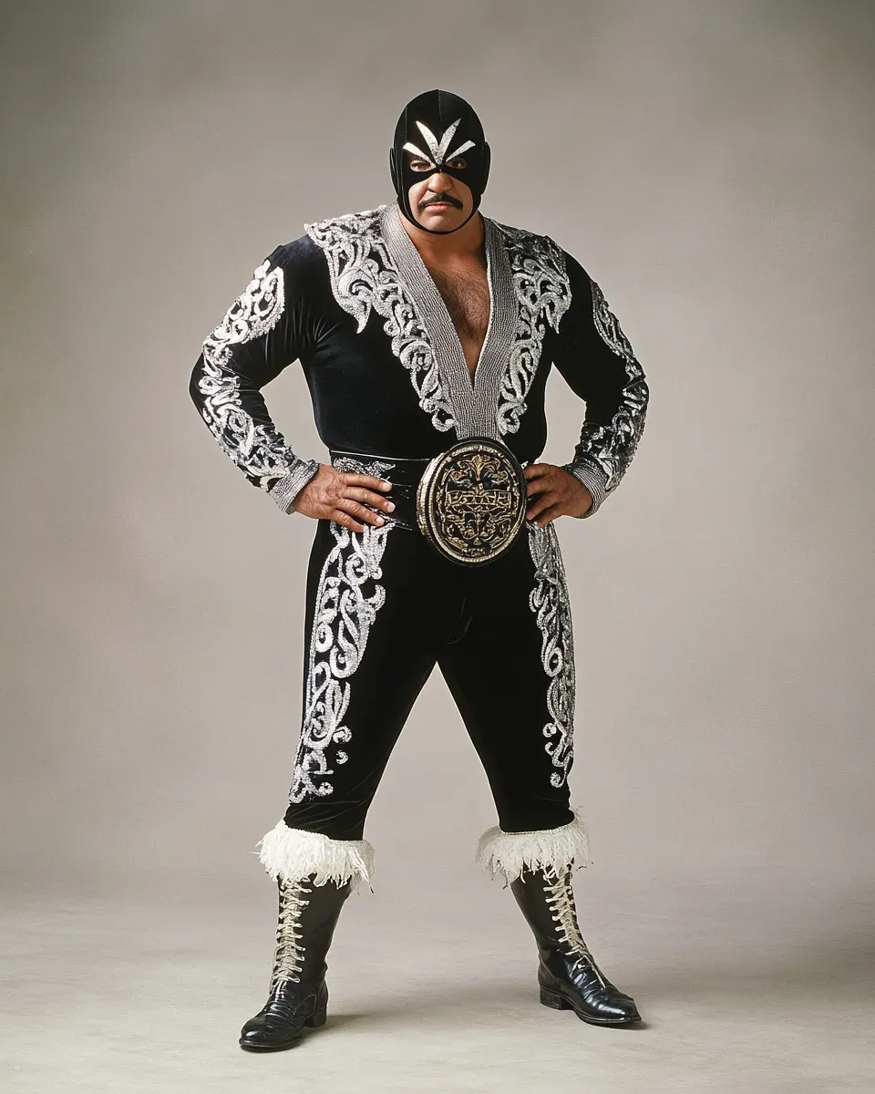 El Guitarrón stands in wide stance wearing black and white ornate embroidered wrestling attire, mask, and championship belt against neutral background.