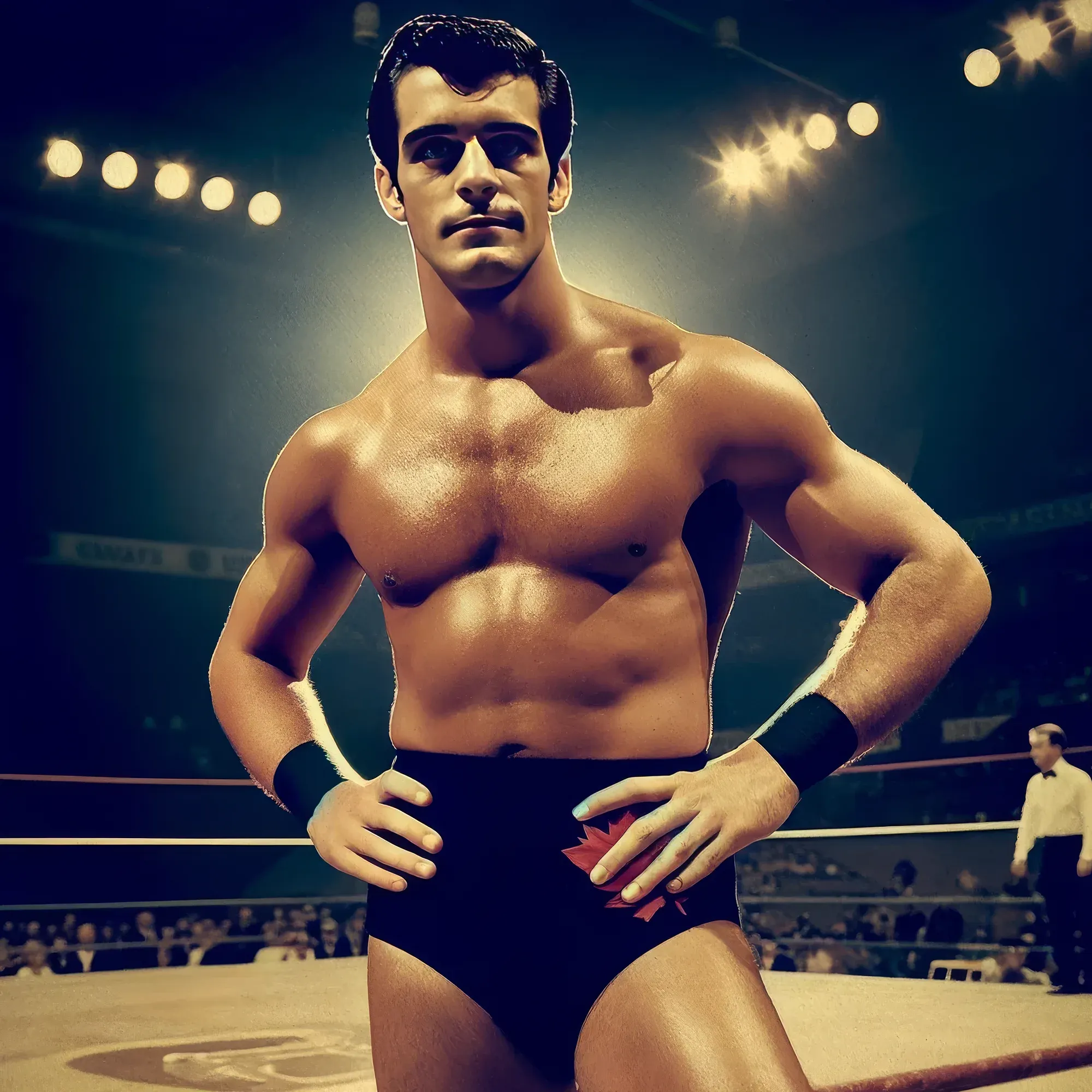 Thomas Reed stands shirtless in a wrestling ring with hands on hips, wearing black shorts and wrist tape, with vintage arena lighting in the background.