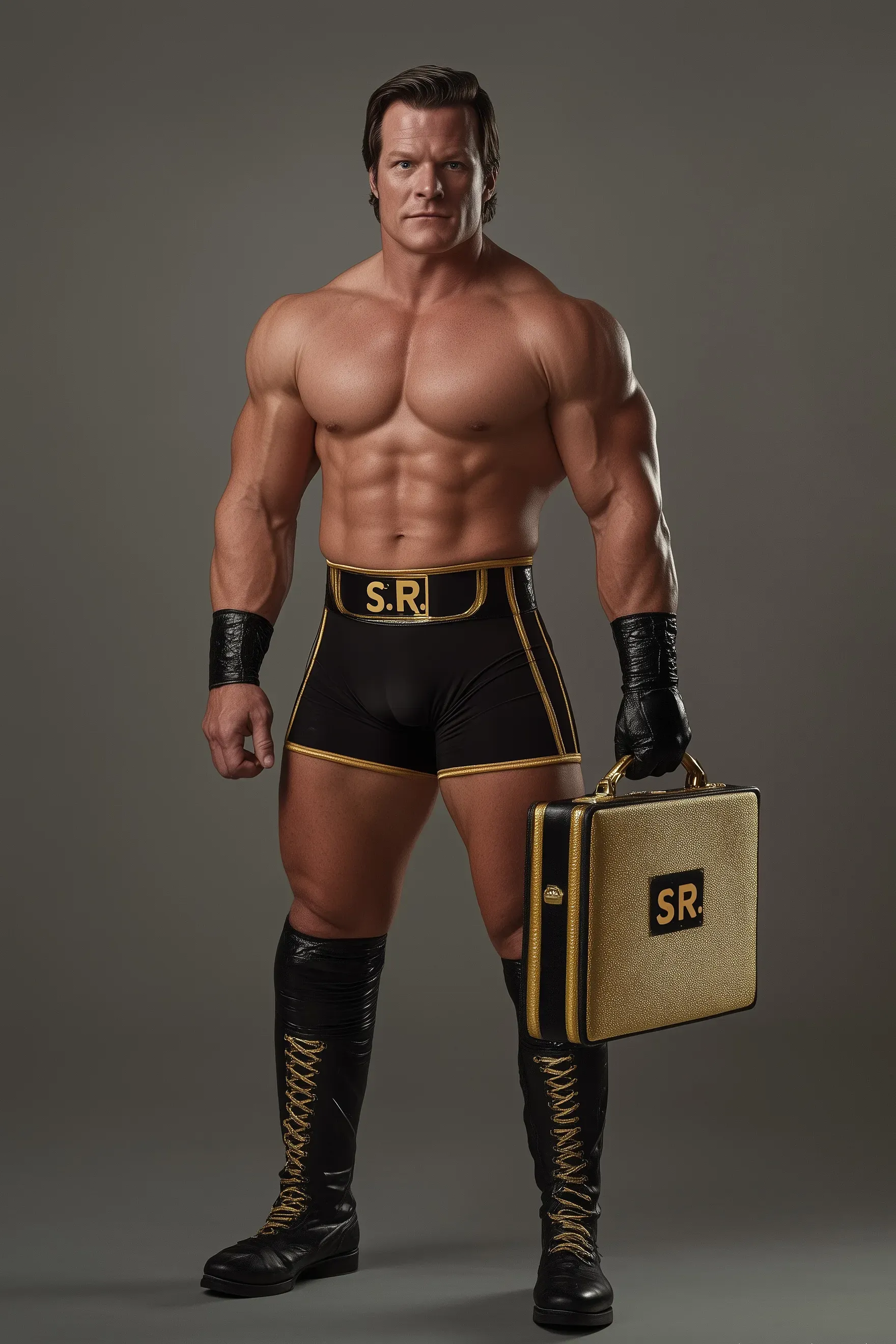 Sterling Radcliffe stands shirtless in black and gold wrestling attire, holding a gold briefcase marked "S.R.", wearing black lace-up boots and wrist wraps.