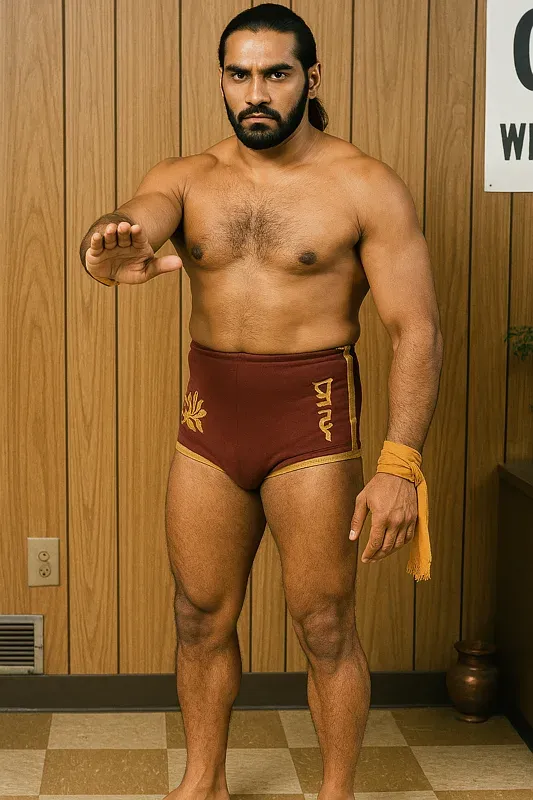 Dev Singh Randhawa stands shirtless in a wrestling pose wearing maroon and gold trunks with a wrist wrap, against a wood-paneled wall.