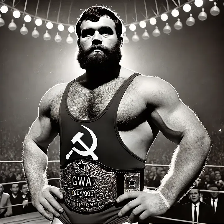 "Ironside" Ivan Gregorovich in black tank top with Soviet hammer and sickle symbol and GWA championship belt, posed in wrestling ring under hanging lights.