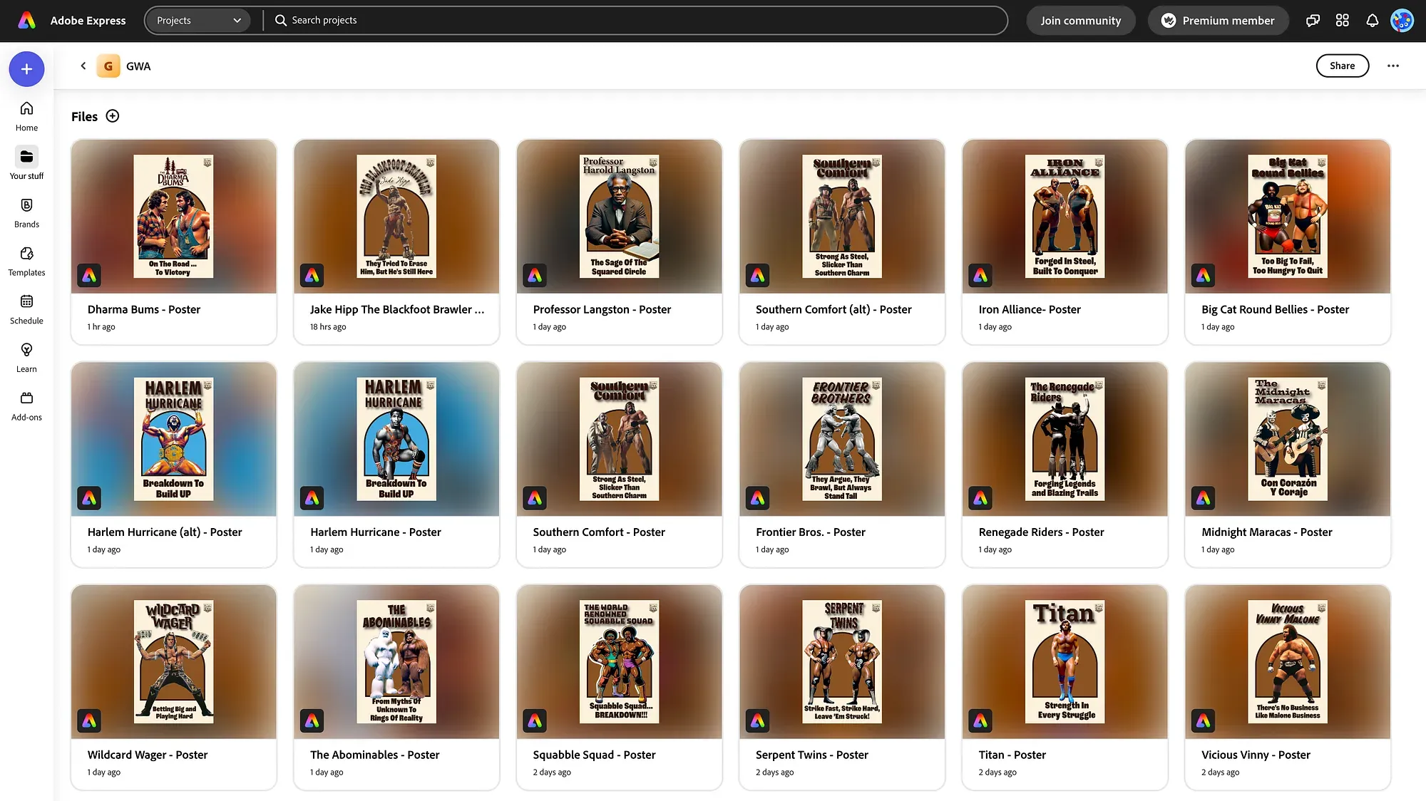 Adobe Express project grid displaying 18 vintage-style wrestling posters with illustrated wrestlers in various poses and costumes against brown and blue gradient backgrounds.