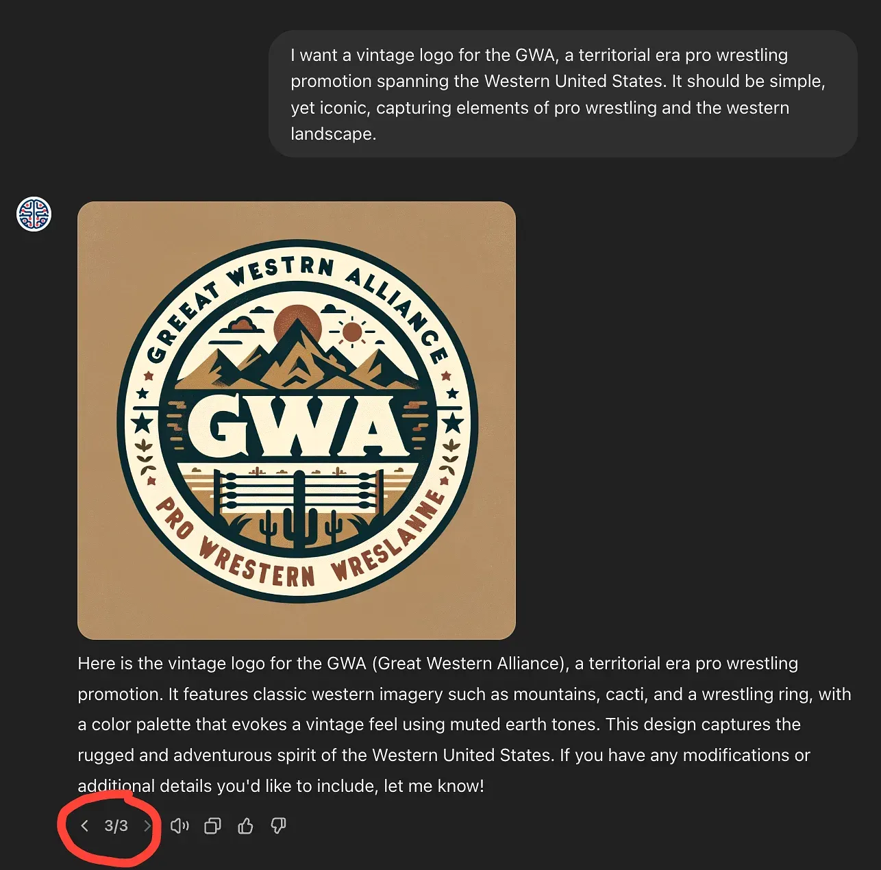 Circular vintage logo for GWA featuring mountains, sun, wrestling ring, cacti, and stars on tan background with dark blue border.