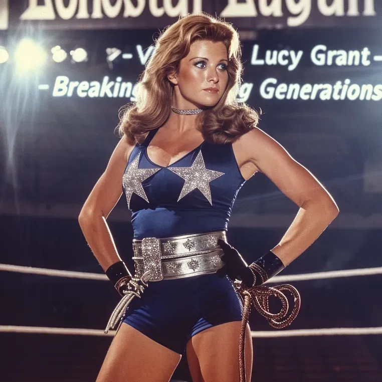 Female wrestler in blue sequined star costume with silver belt, posed in wrestling ring with confident stance.