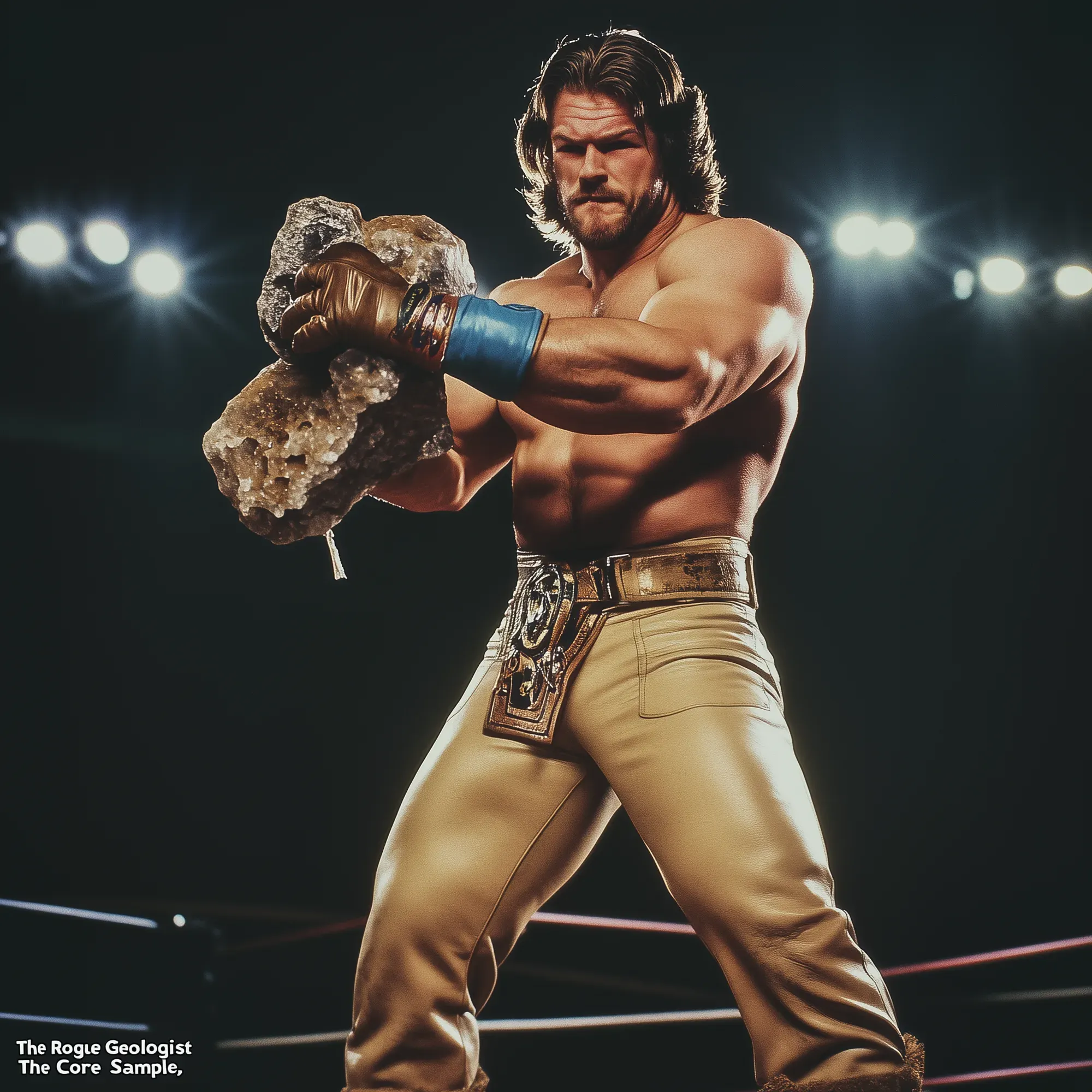 Dr. Geode stands in a wrestling ring holding a large rock, wearing tan pants, a decorative belt, and boxing gloves, with long hair and a beard.