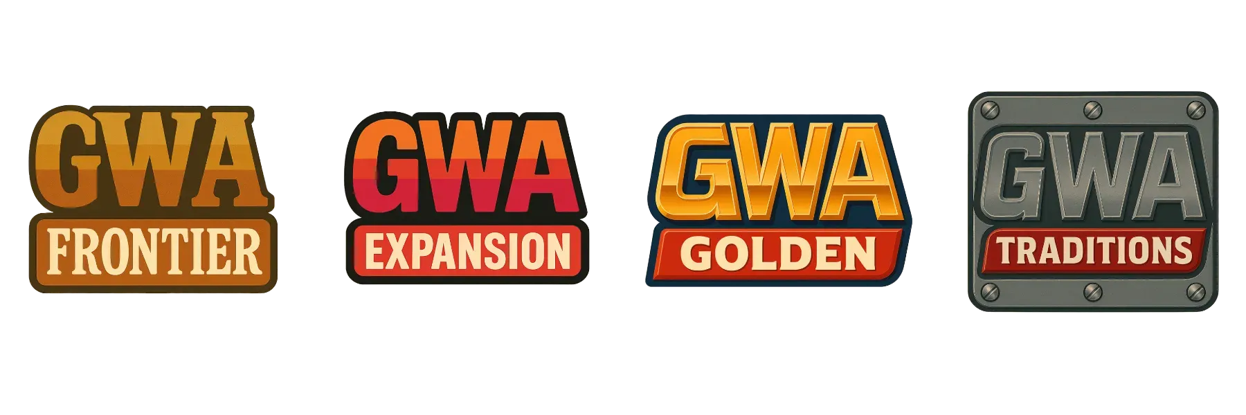 Four GWA era logos arranged horizontally: Frontier, Expansion, Golden, and Traditions, each with distinct color schemes and styling.