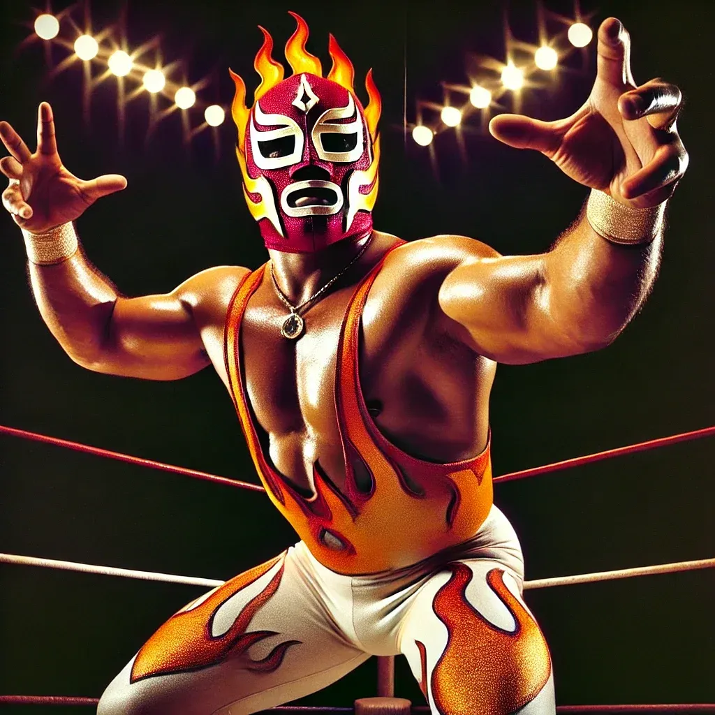 El Fuego stands in a wrestling ring with arms raised, wearing a red and gold flame-patterned mask, trunks, and boots under bright stage lights.