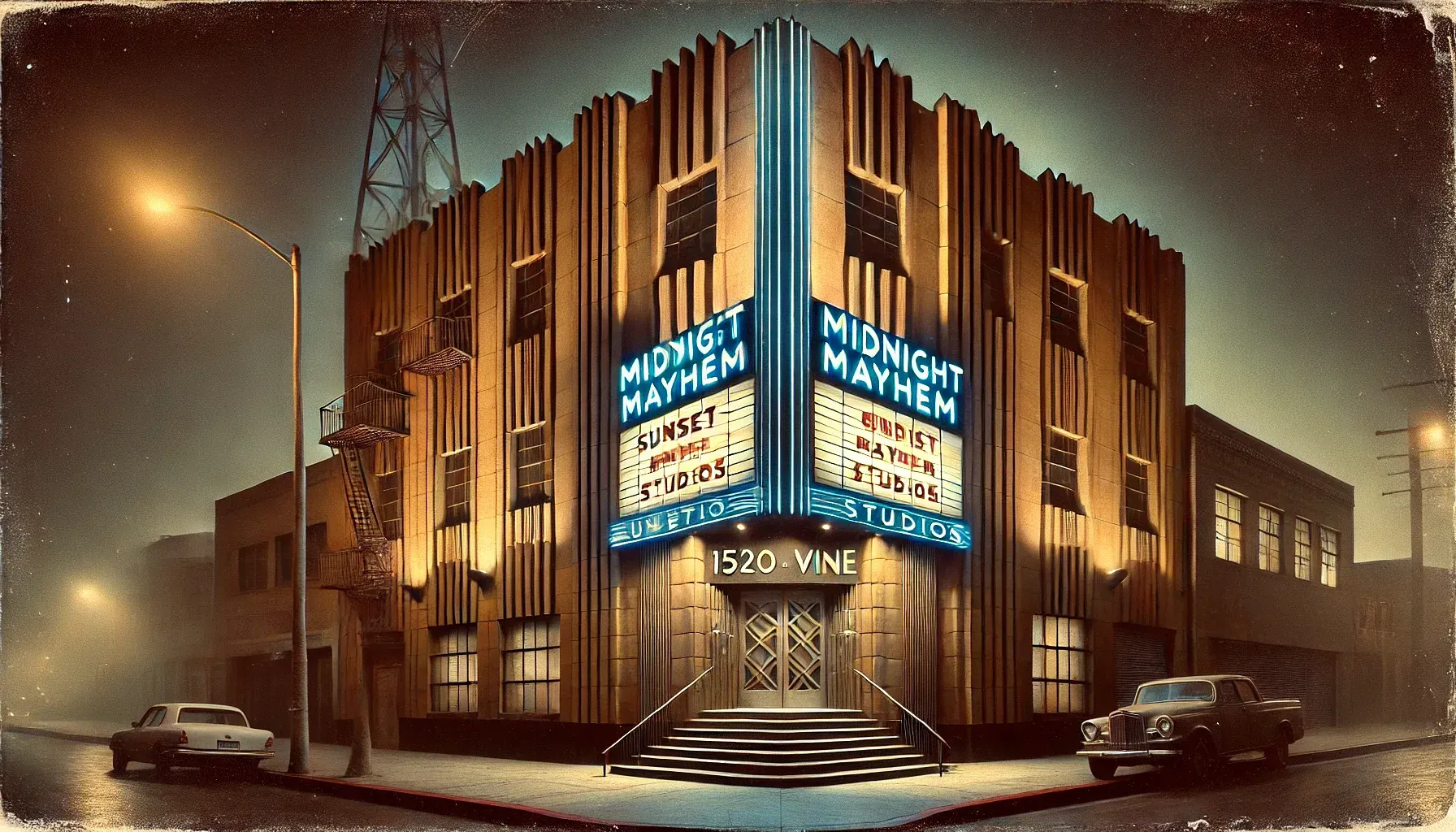 Art deco studio building at 1520 Vine Street with "Midnight Mayhem" and "Sunset Studios" marquee, 1950s cars parked outside at night.