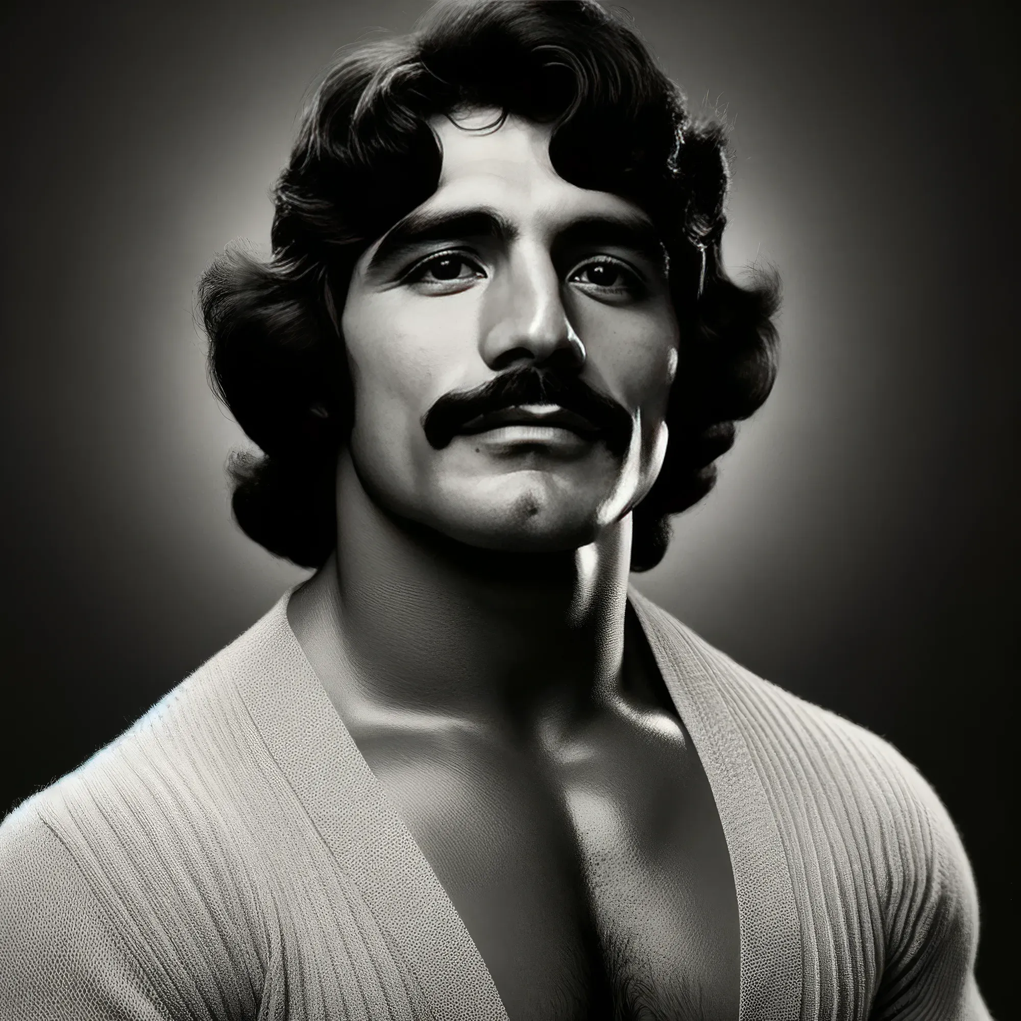 Black and white portrait of Eddie "Desert Eagle" Martinez with wavy dark hair and mustache, wearing an open ribbed shirt against a neutral background.