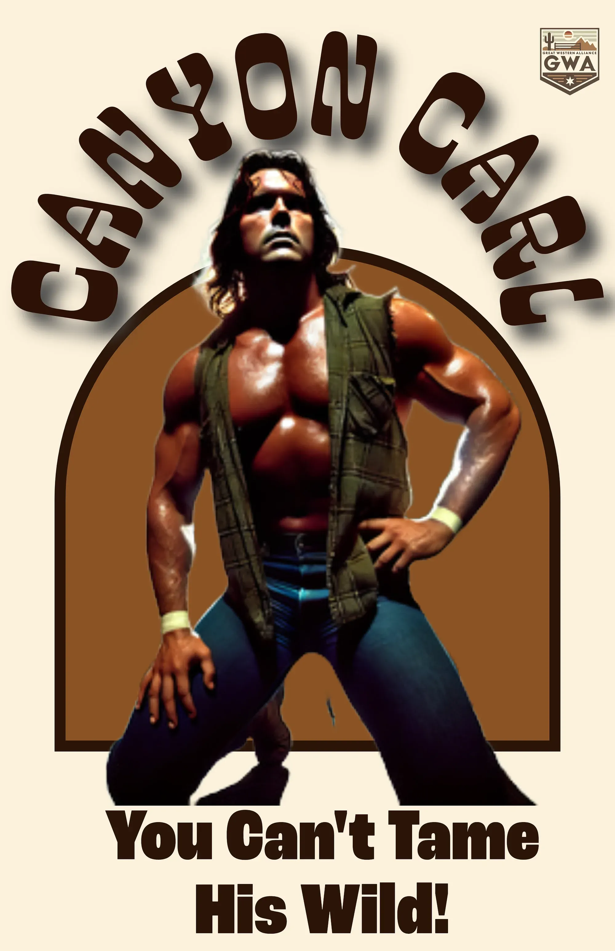Muscular wrestler with long dark hair in sleeveless vest and blue pants poses with hands on hips against brown arched background.