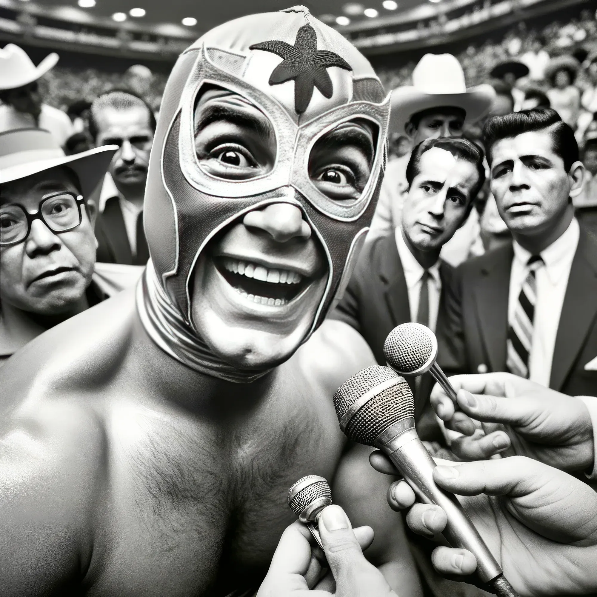 El Águila Pedro Ramirez in white wrestling mask with black eagle design, shirtless, holding microphones at a stadium event surrounded by men in suits and cowboy hats.