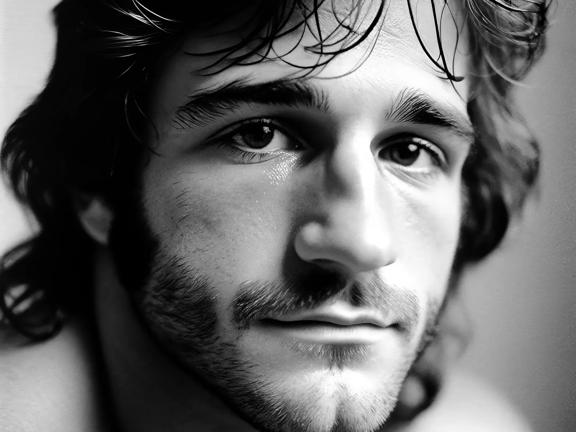 Black and white portrait of a man with dark wavy hair and facial hair, looking directly at camera with intense expression.