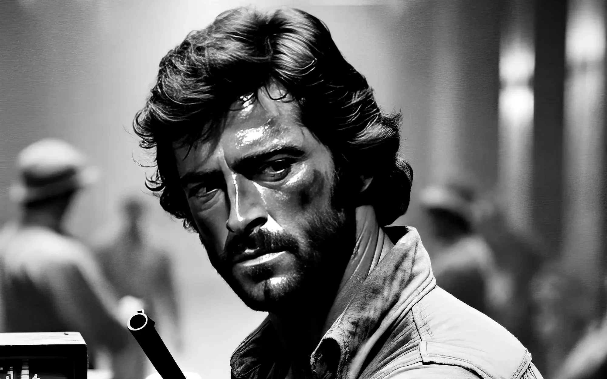 Black and white photograph of Jesse Hawkins as Jack Dalton, a bearded man with dark wavy hair wearing a light-colored shirt, looking over his shoulder.