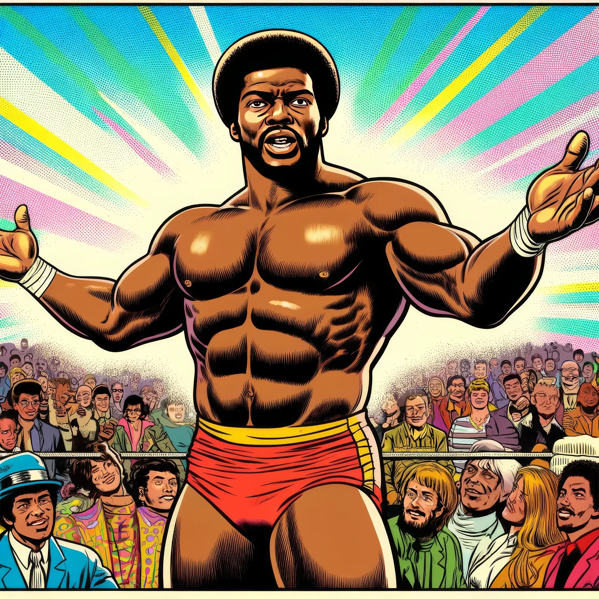 Muscular wrestler in red and yellow shorts with arms outstretched, surrounded by cheering crowd, colorful radiating background in pop art style.