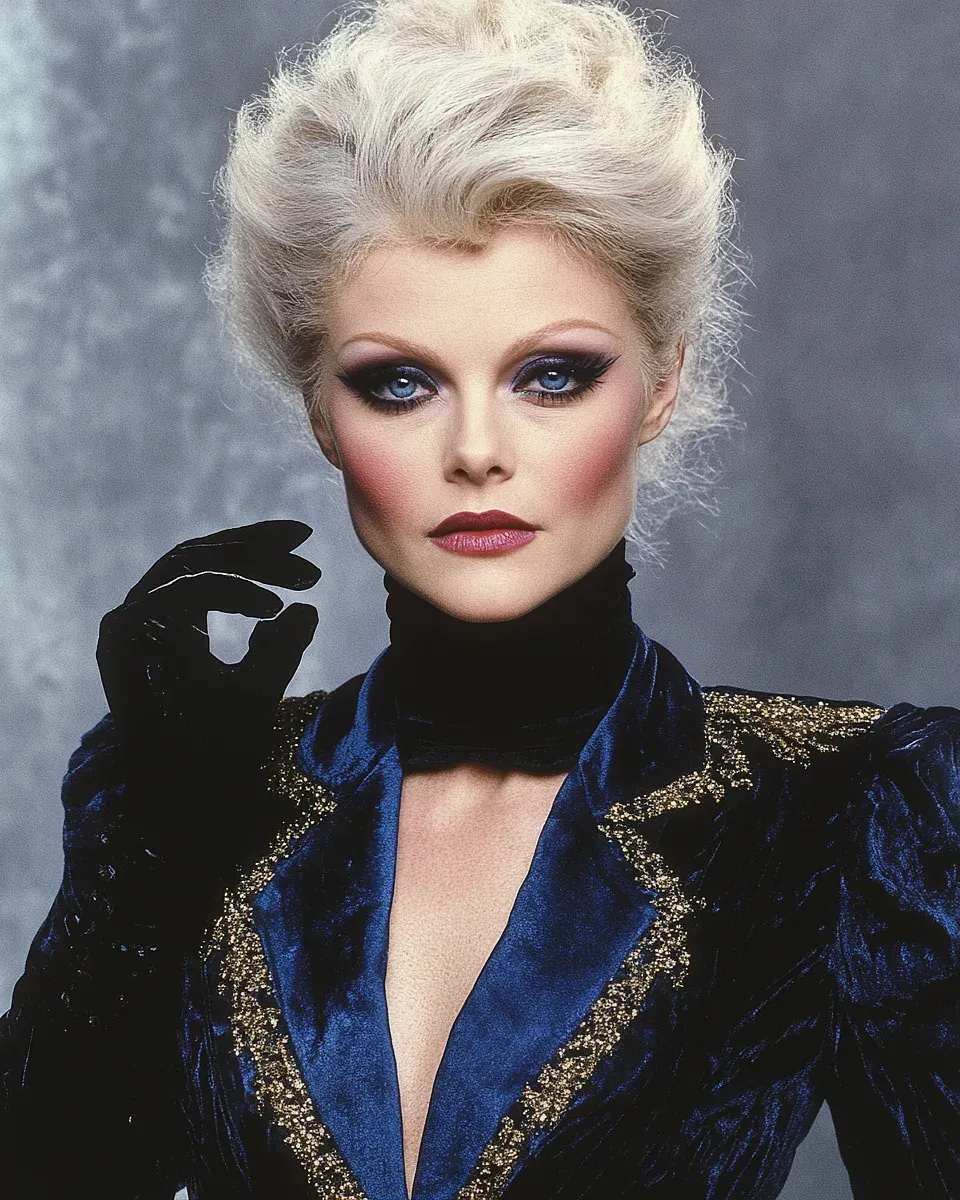 Vivian Vanceworth in a blue and gold sequined jacket with black gloves, platinum blonde hair styled in a bouffant, against a grey background.
