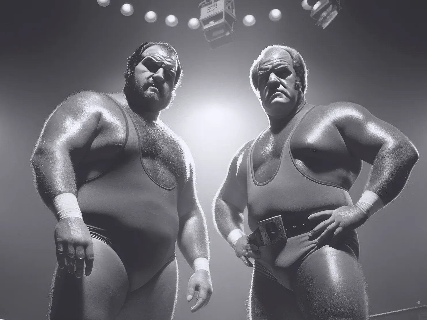 Two muscular wrestlers in singlets and eye patches stand back-to-back under stage lights in a black and white promotional photo.