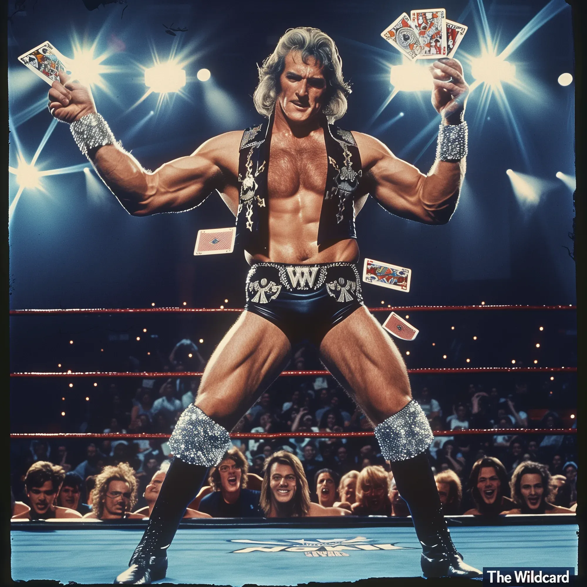 The Wildcard strikes a wide stance in the wrestling ring, holding playing cards aloft while wearing a black embellished vest, studded wristbands, and championship belt.