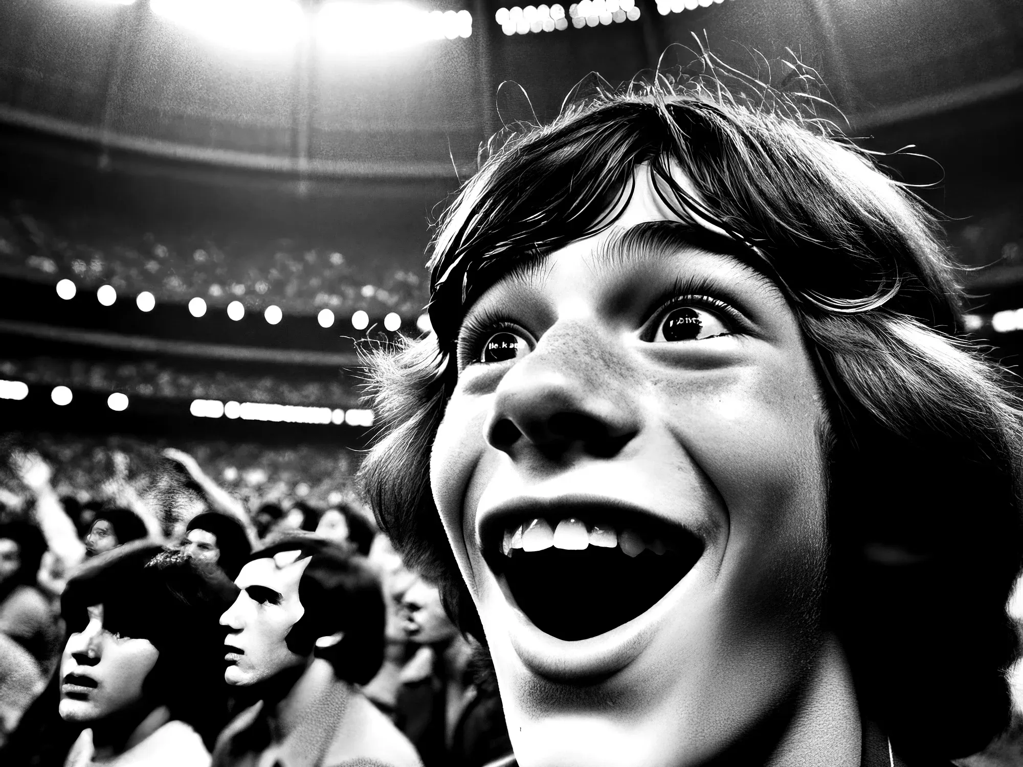 Young fan with wide-eyed expression of amazement in a packed stadium, black and white photograph from mid-20th century.