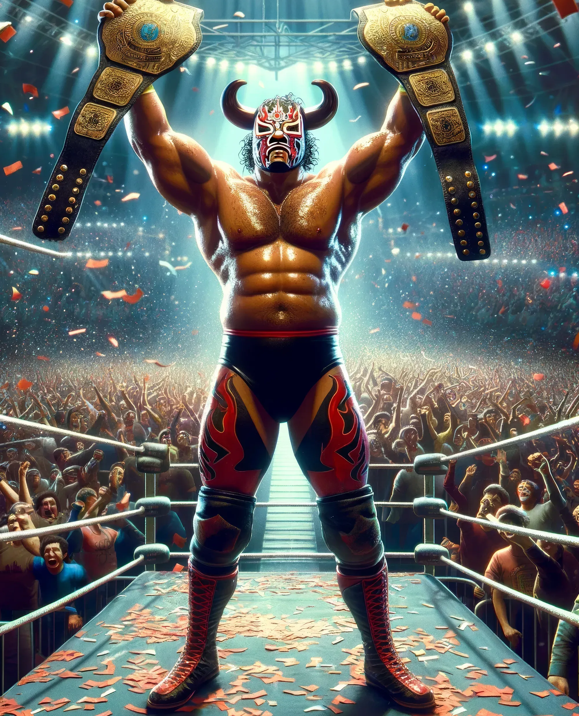 "Raging Bull" Marco Valdez in red and black wrestling attire with horned mask, holding two championship belts above his head in a packed arena, 1980 promo photo.
