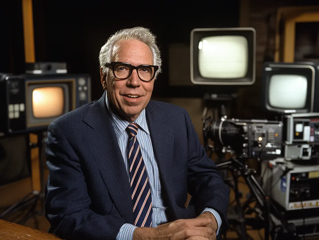 Franklin J. Lewis in dark suit and striped tie smiling at camera in vintage television studio with monitors and equipment.