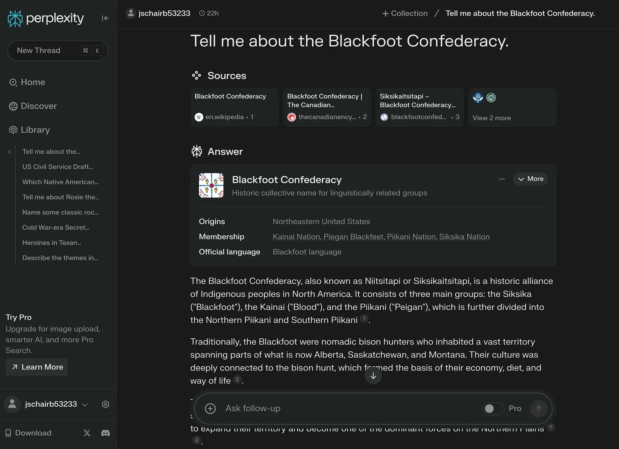 Screenshot of Perplexity AI interface displaying search results and detailed information about the Blackfoot Confederacy with cited sources.