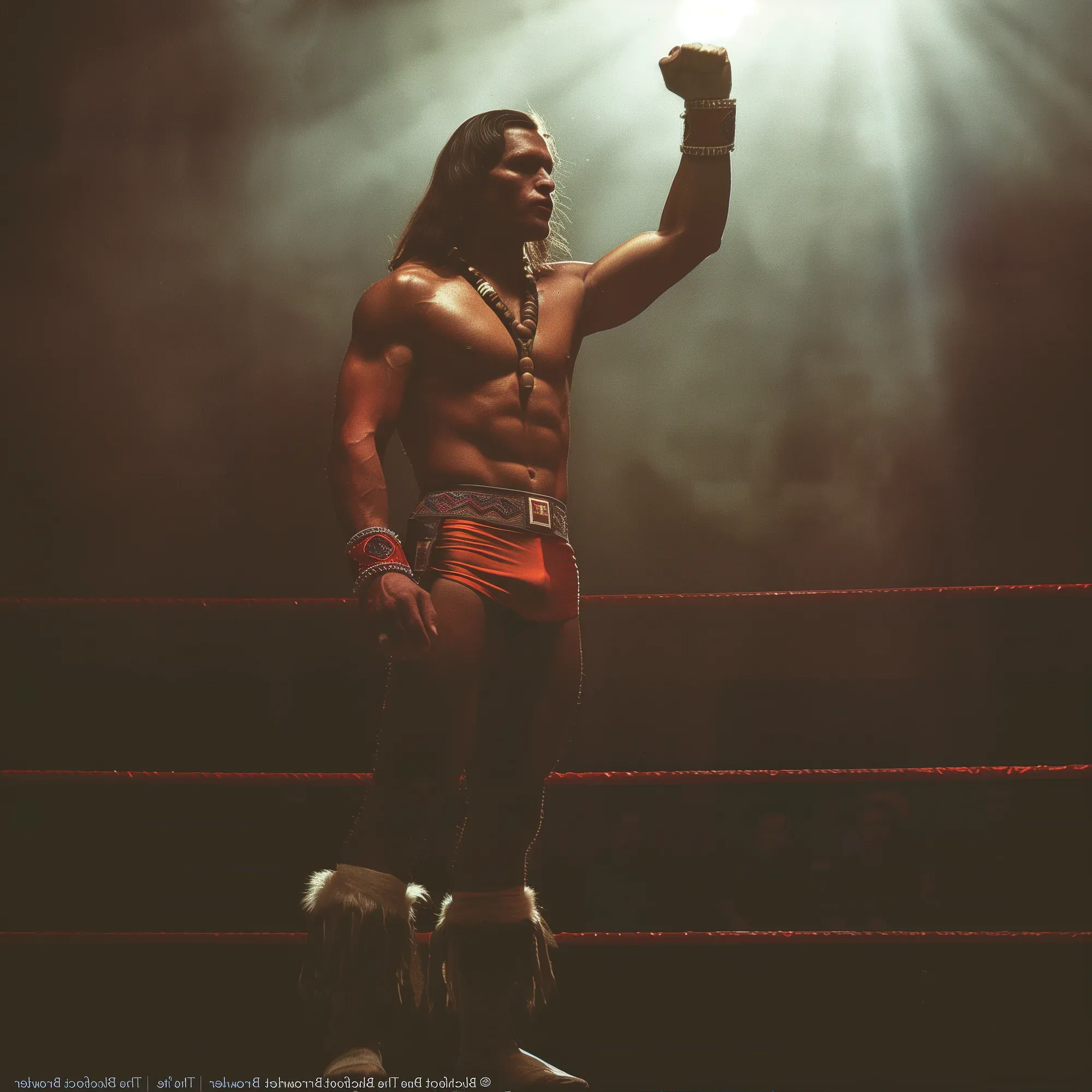 Jake Hipp stands in a wrestling ring with his fist raised, wearing red and white shorts and indigenous-inspired accessories, bathed in atmospheric stage lighting.