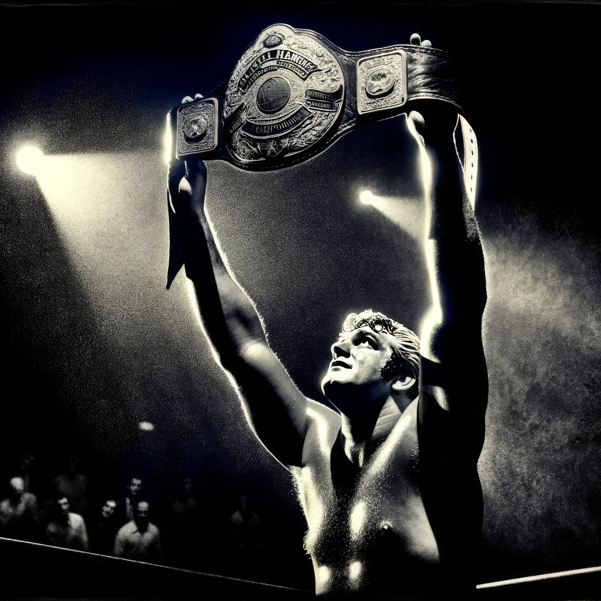 Hank Roberts holds the GWA Pacific Coast Championship above his head in a dramatic black and white photograph, looking upward with intensity.