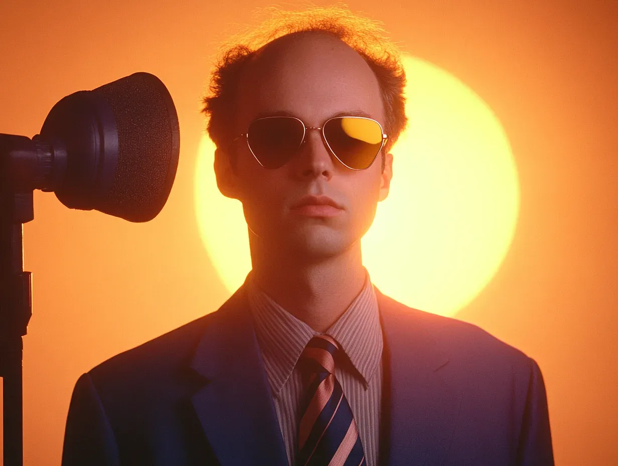 Raul Vargas in business suit and sunglasses holding camera equipment against golden sunset backdrop.