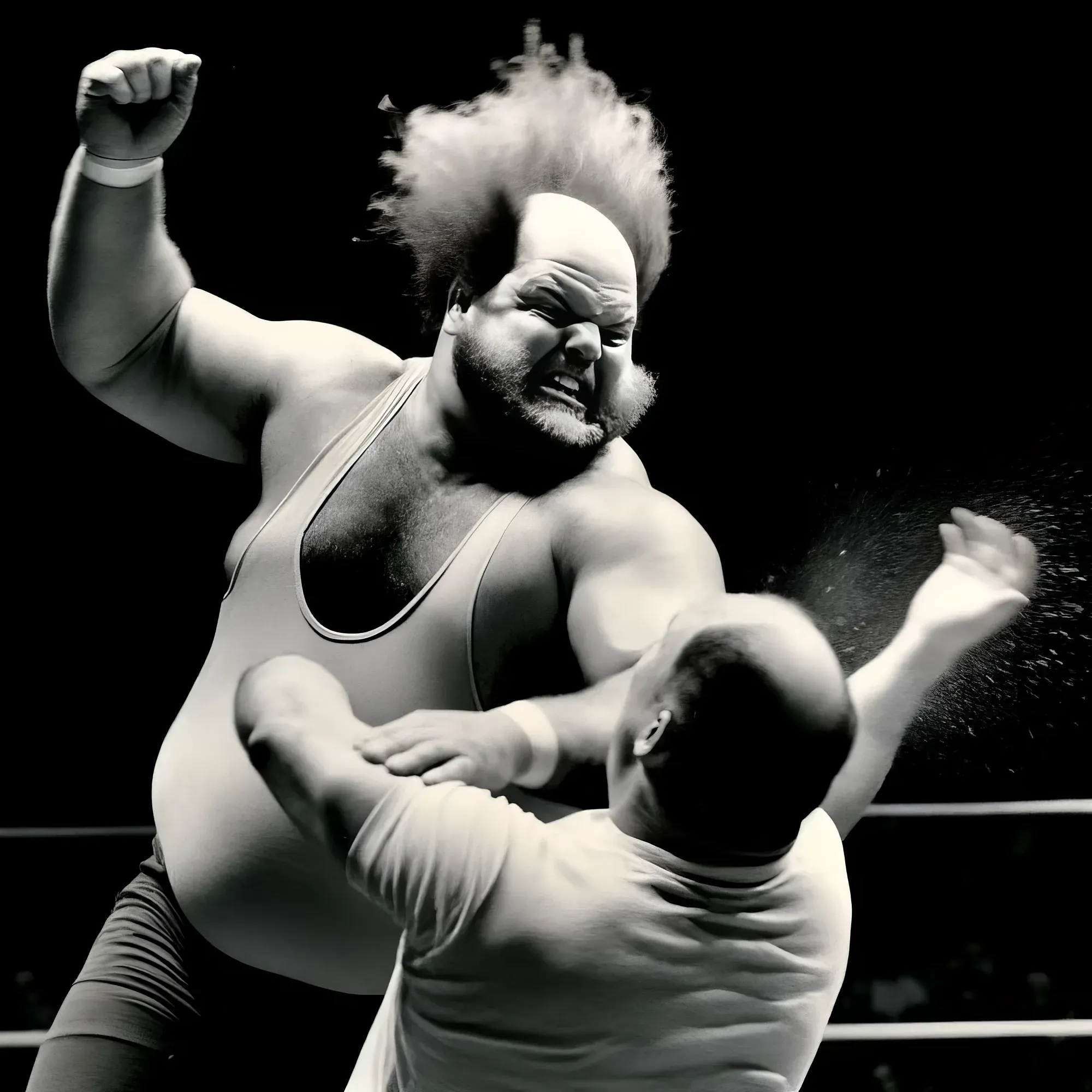 Vinny Malone, shirtless wrestler with voluminous hair and beard, raises his fist triumphantly in a wrestling ring against a dark background.