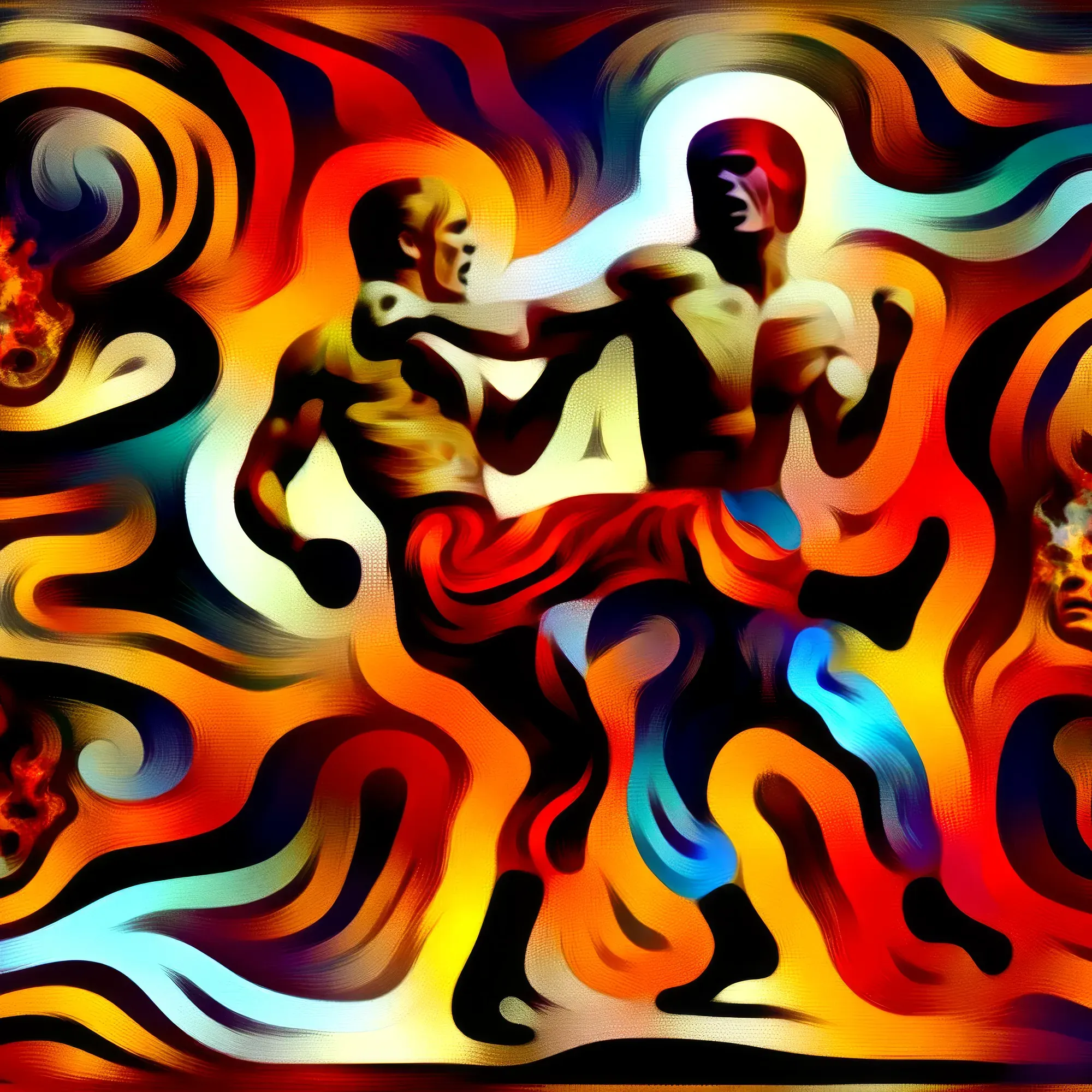 Two shirtless wrestlers in red trunks grapple against a swirling background of red, orange, and yellow flames and curves.