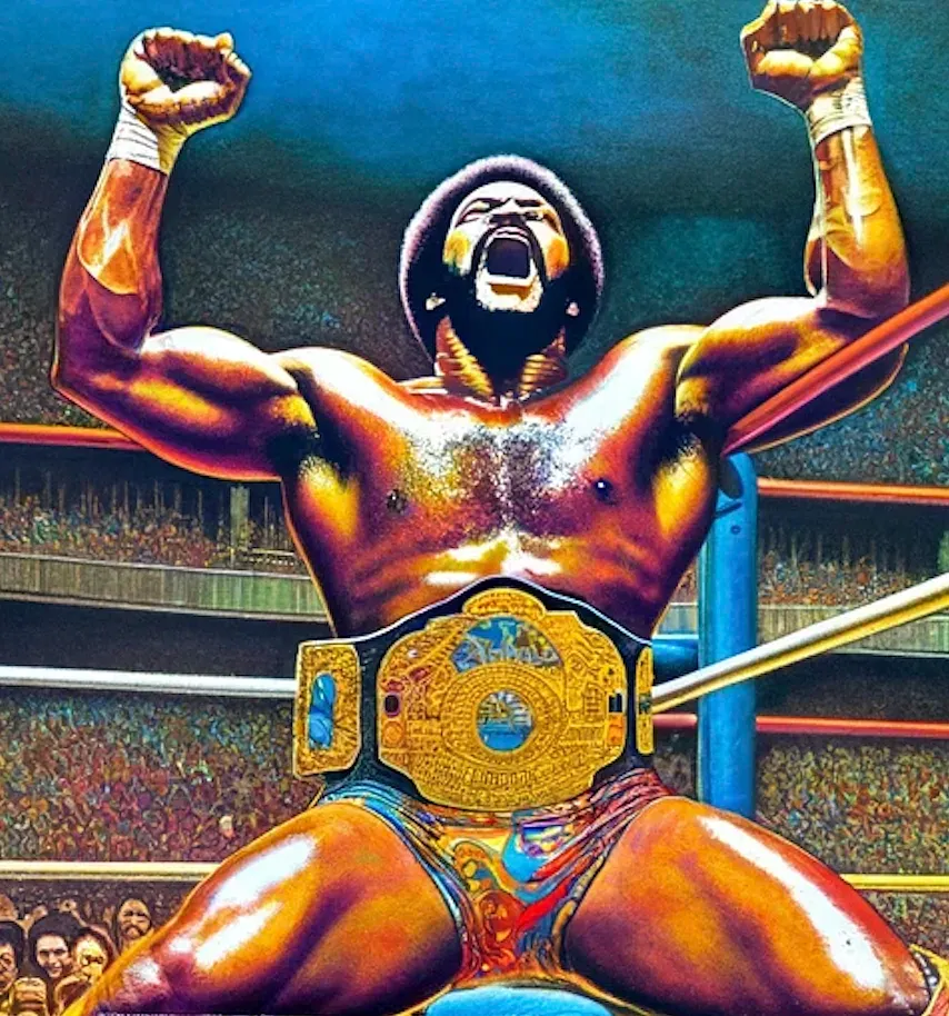 Muscular wrestler with raised fists wearing ornate gold championship belt, hood, and red trunks in wrestling ring with crowd in background.