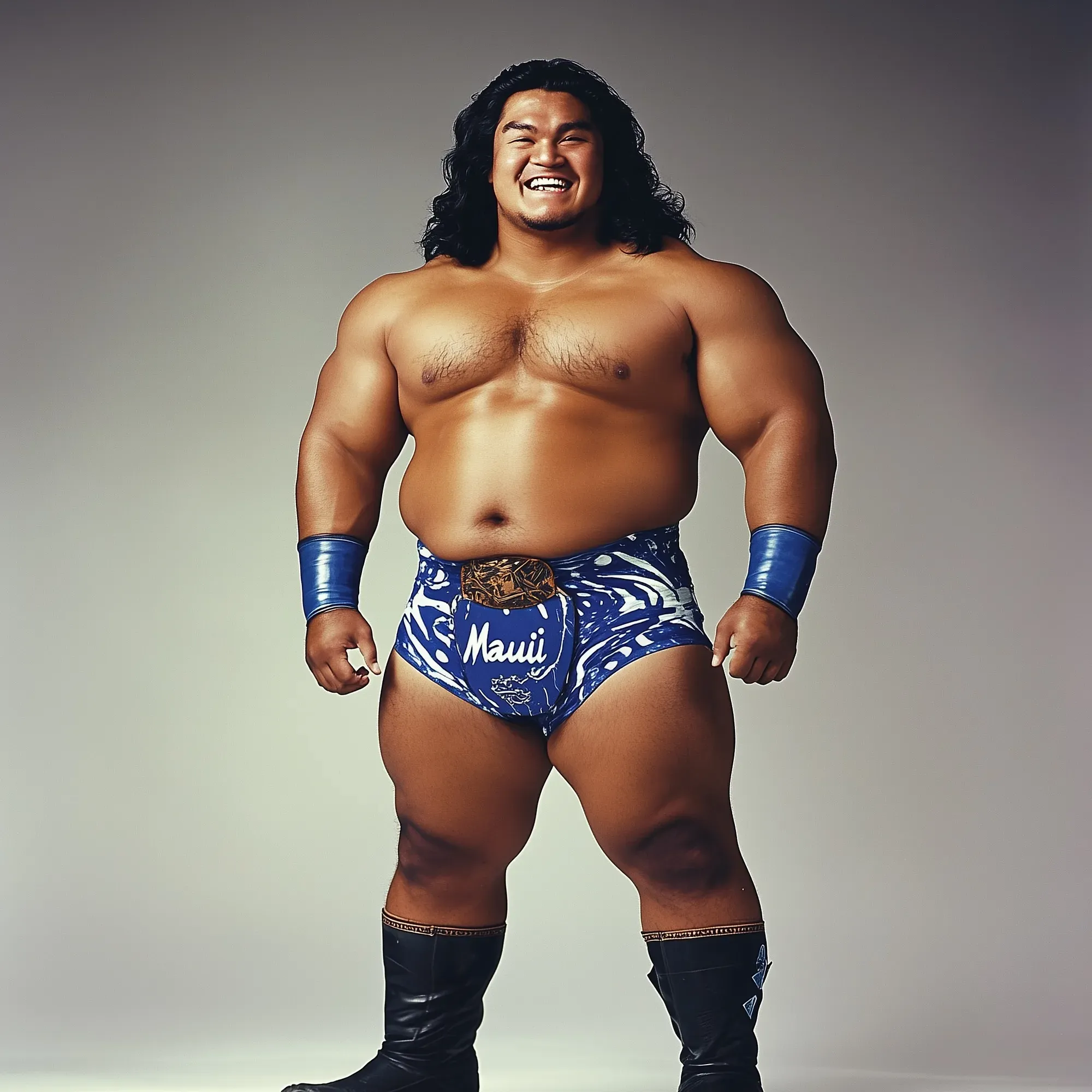 "Maui" Mike Makoa stands in wrestling pose wearing blue patterned trunks with gold belt, blue wristbands, and black boots against neutral background.