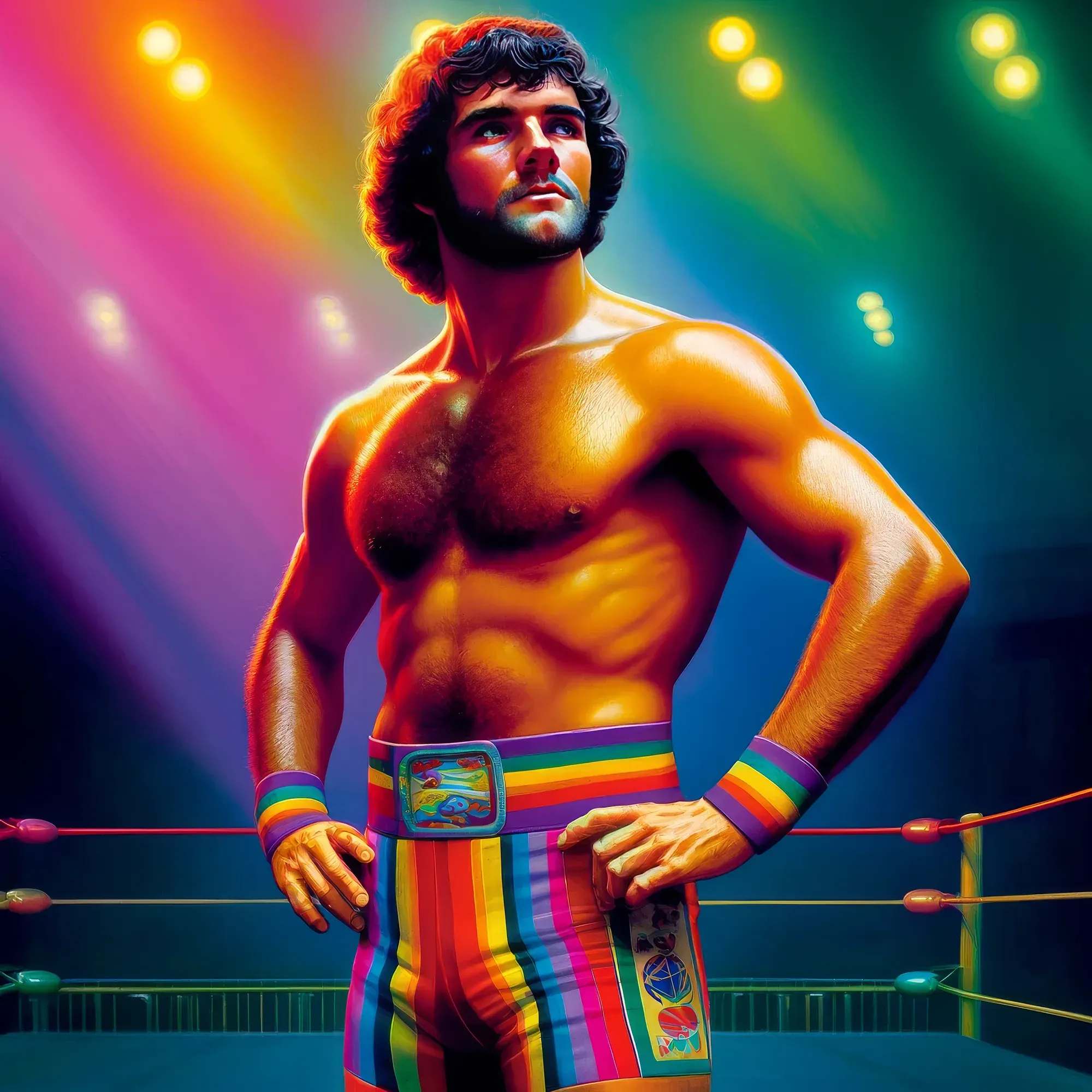 "Boxcar" Bo Bradley shirtless in colorful striped wrestling trunks and wristbands, posing in a wrestling ring under stage lights.