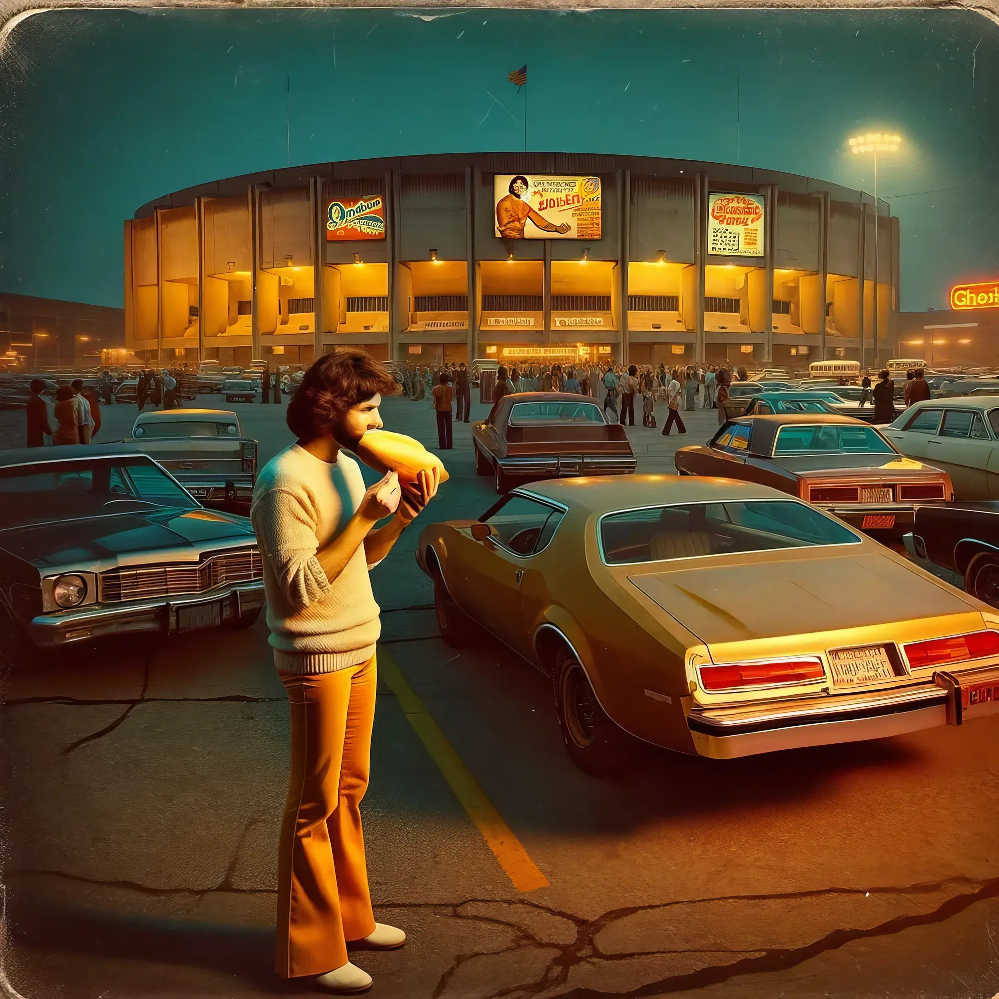 Man in yellow sweater eating hot dog in 1970s arena parking lot surrounded by cars.