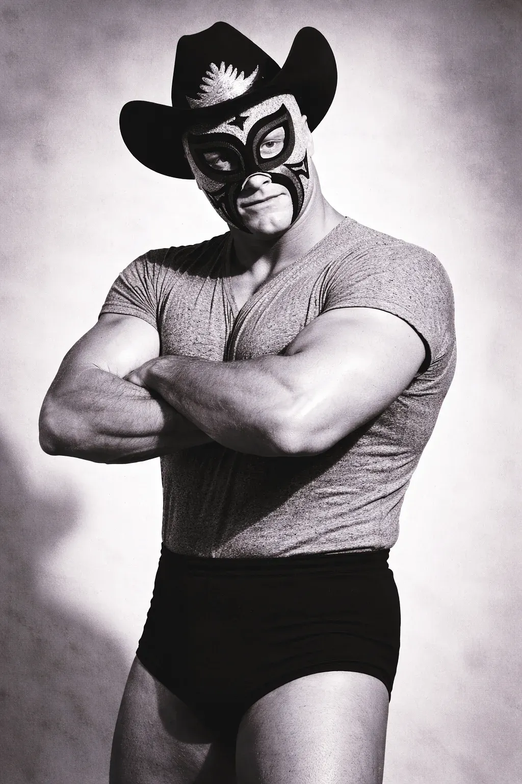El Desperado Enmascarado in black luchador mask and cowboy hat, arms crossed, wearing gray t-shirt and dark briefs against plain background.