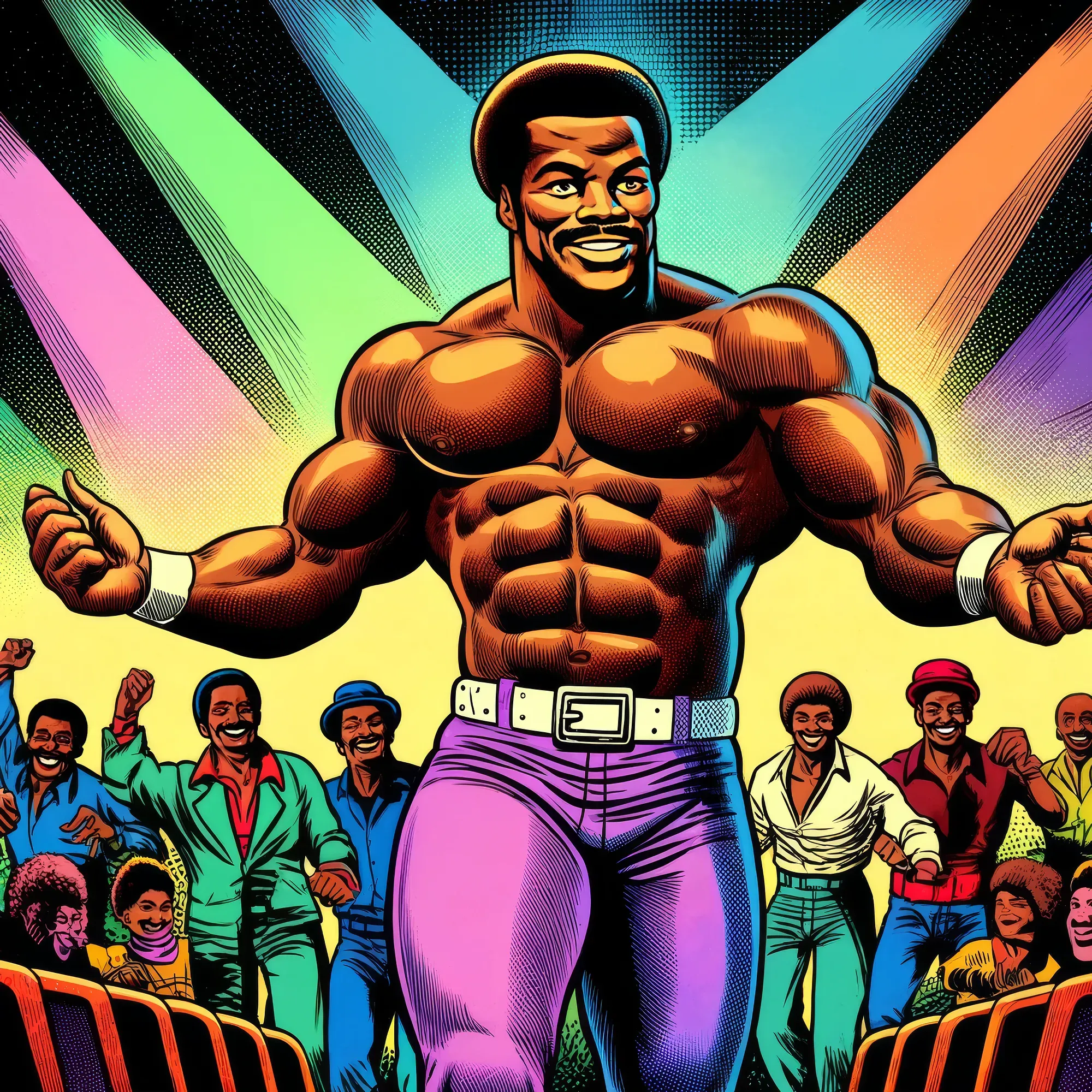 Muscular wrestler in purple belt and pants flexing with arms spread, smiling, surrounded by cheering crowd against colorful radiating background.