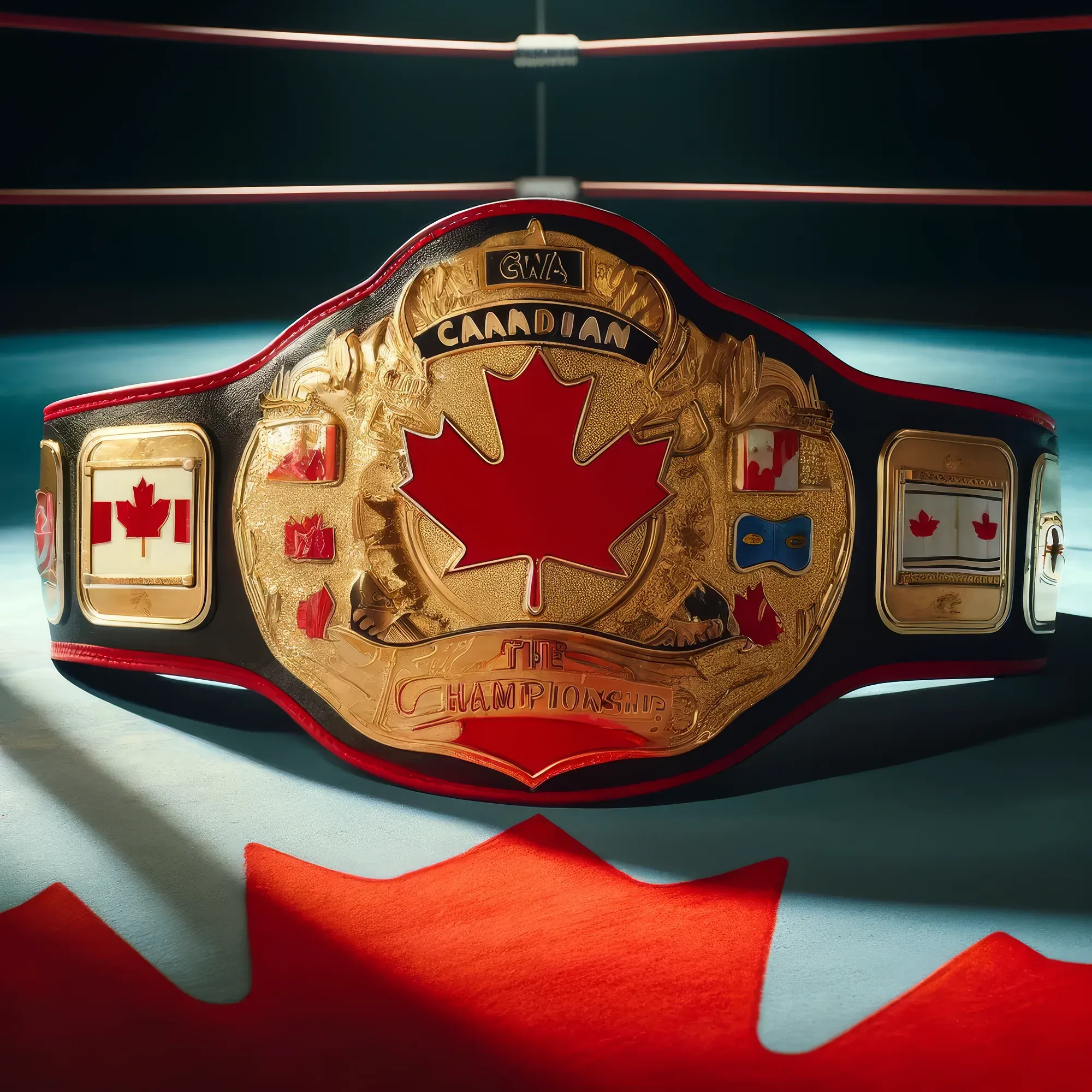 GWA Canadian Championship belt with gold and red design featuring a maple leaf, displayed on a wrestling ring.