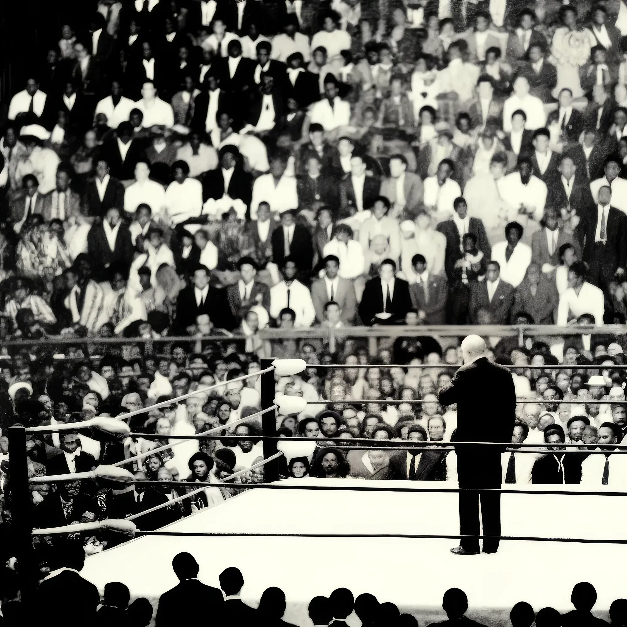 Wrestler stands in boxing ring with raised arm before large crowd in stadium, 1950s era.