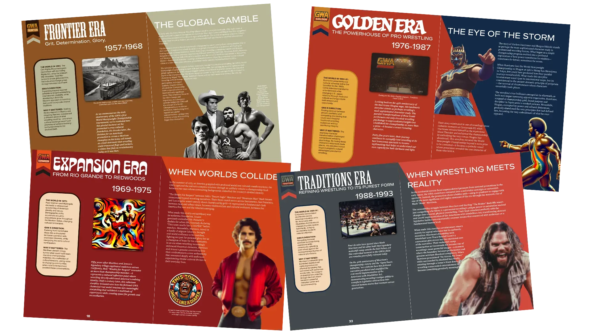 Six GWA historical era pages displayed showing Frontier Era, Expansion Era, Golden Era, Traditions Era, and other wrestling periods from 1957-1993 with wrestlers, text, and archival photos.