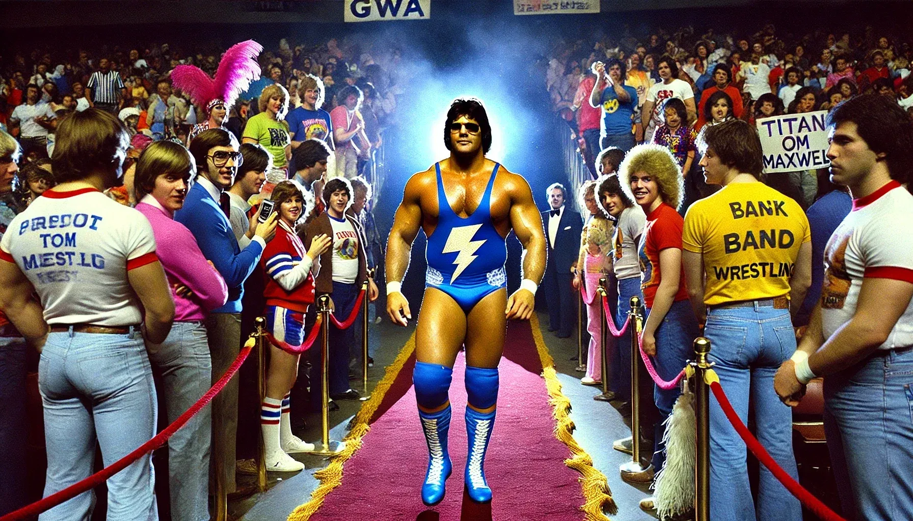 Titan Tom Maxwell enters the GWA ring in blue wrestling attire with lightning bolt design, walking down a pink carpet lined with cheering fans.