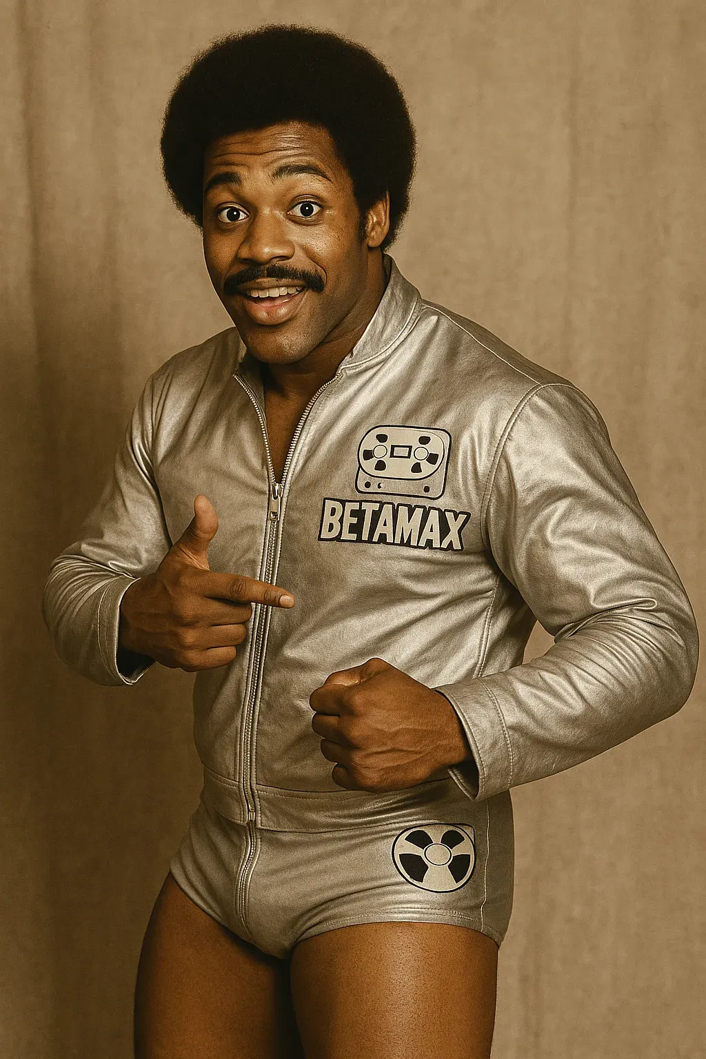 Wrestler in silver Betamax-branded bodysuit with atomic emblems pointing at camera against tan background, 1970s style portrait.