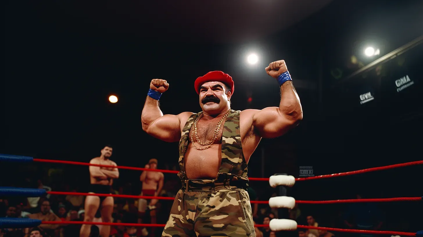 Victor Ortiz in red beret and camouflage outfit with gold chain, flexing both arms in wrestling ring with raised fists.