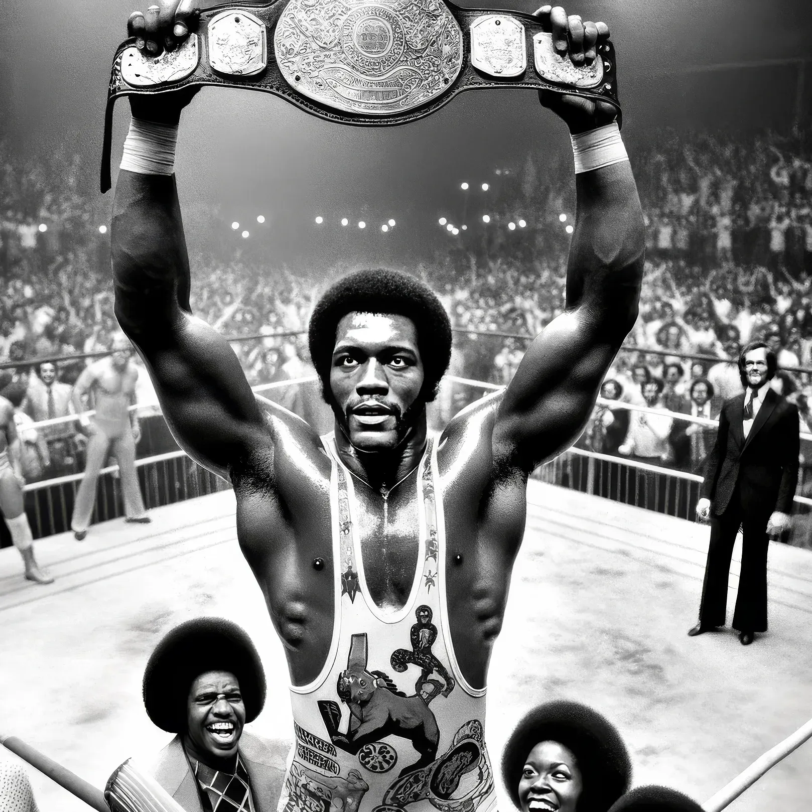 "Harlem Hurricane" James Washington holds championship belt overhead in wrestling ring, surrounded by crowd and officials.