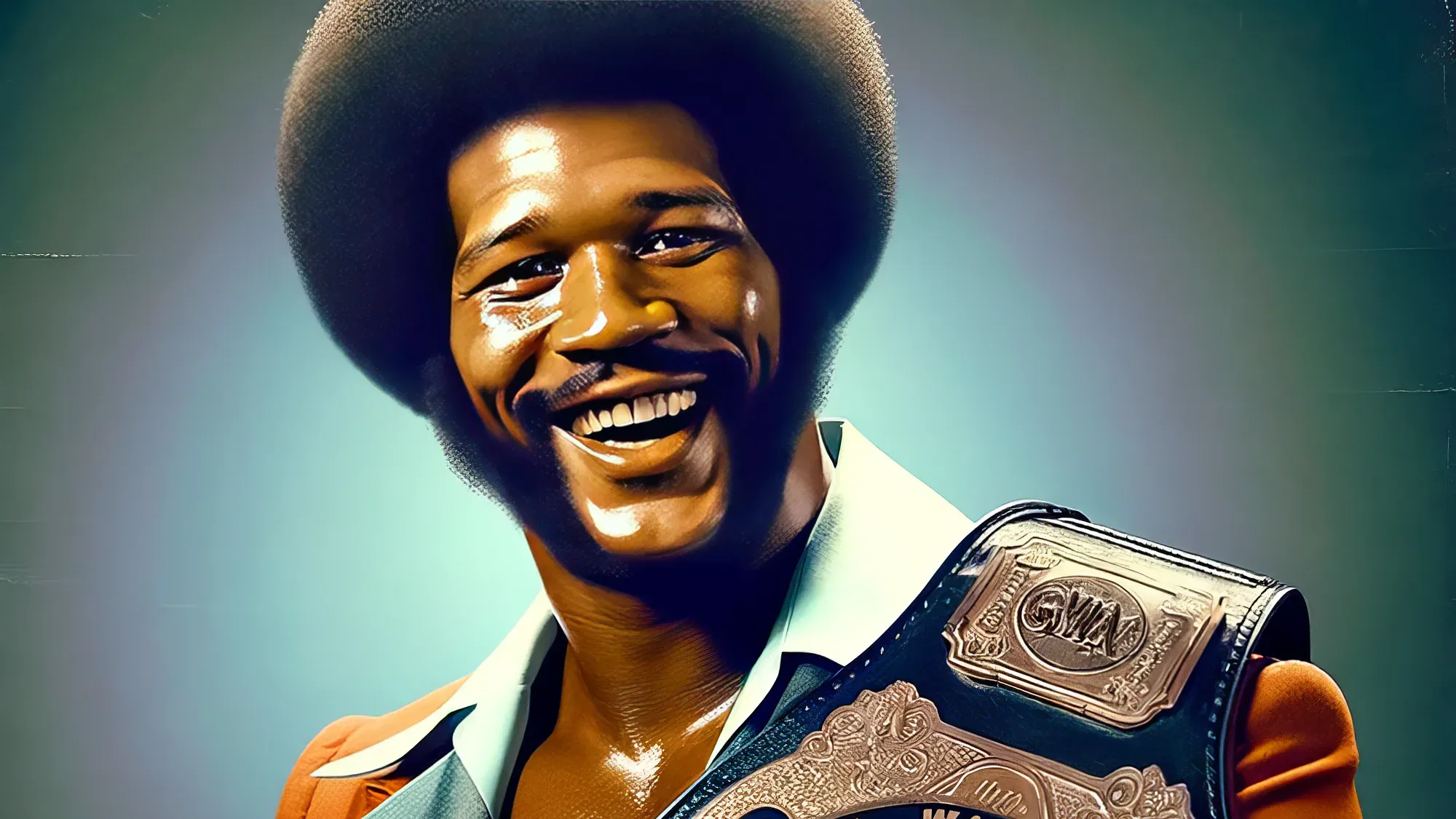 Smiling wrestler wearing orange and white outfit holding ornate championship belt against teal background.