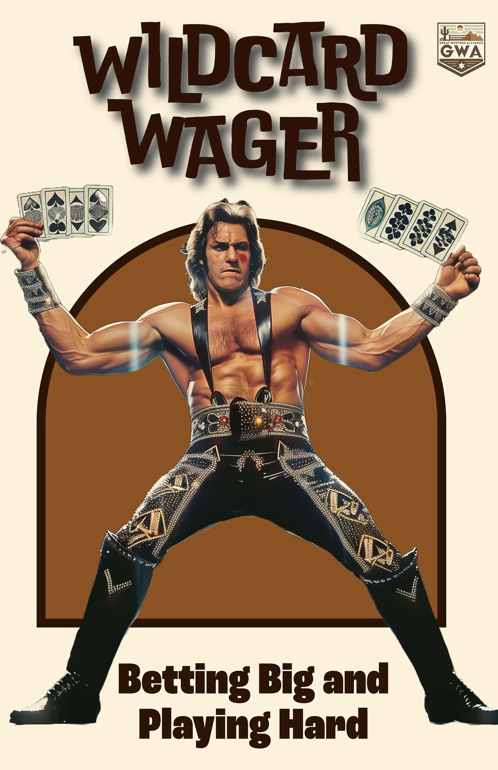 Muscular wrestler in studded black and gold attire holding playing cards aloft in a wide-legged stance against brown background.