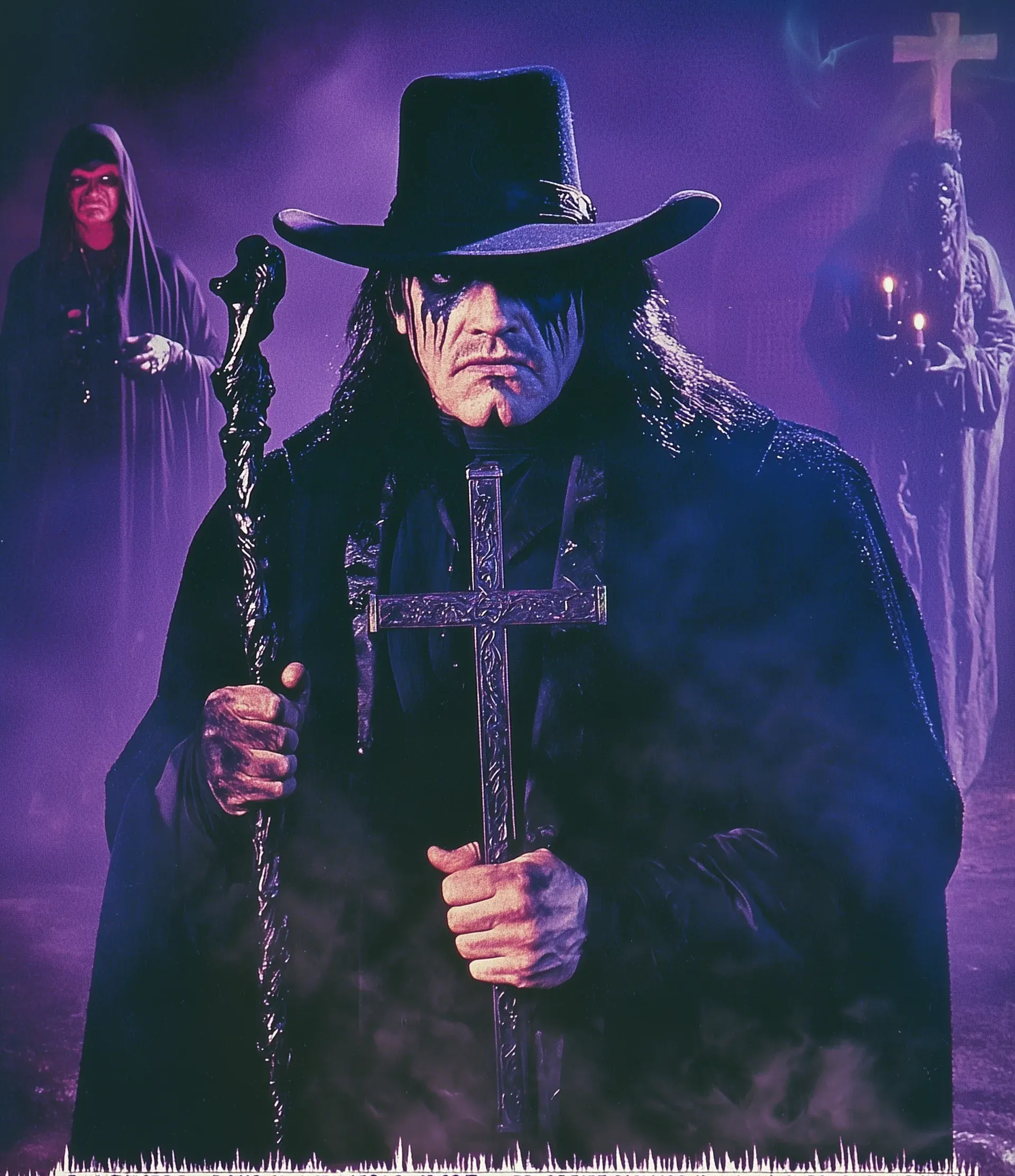 Deacon Dark in dark cowboy hat and long coat holds ornate staff and cross, flanked by robed figures against purple-lit background.